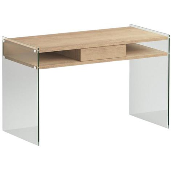 Bureau design VERONA 1 tiroir 2 casiers piétement verre clair plateau chêne
