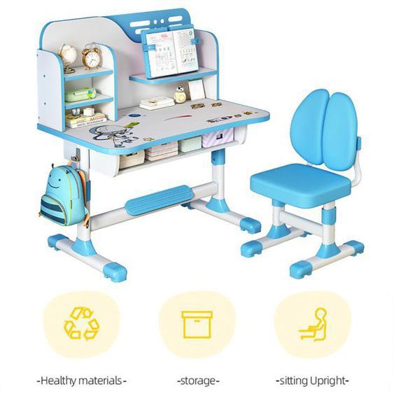 Bureau détude pour enfants avec chaises - BIPLUT - Hauteur réglable - motif astronaute - avec tiroir  - bleu - 111*80*54CM