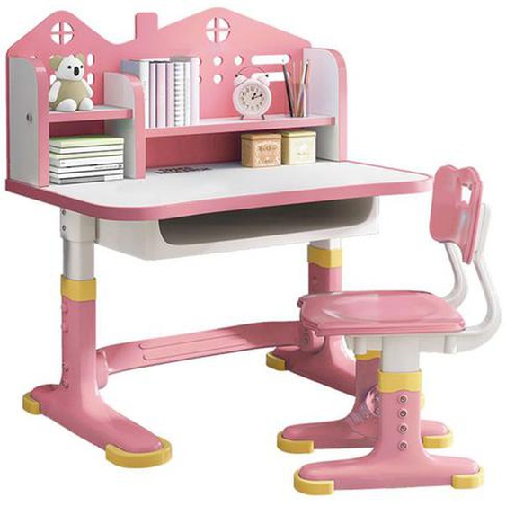 Bureau détude pour enfants avec chaises -  BIPLUT - Hauteur réglable - panneau de fond Castle -  avec tiroir - ROSE
