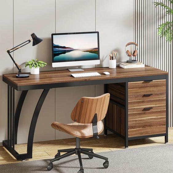 Bureau dordinateur - Bureau de 150 cm avec 3 tiroirs - Plateau rectangulaire en bois - Tiroirs réversibles - Bureau de style industriel avec rangements et armoire - Brown 02