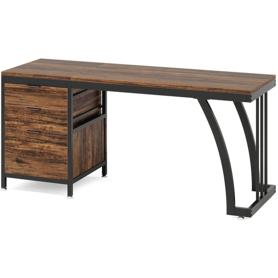 Bureau dordinateur - Bureau 150 cm - 3 tiroirs, réversible gauche/droite - Style industriel - Avec armoire et espace de rangement - Rectangulaire, en bois - Marron