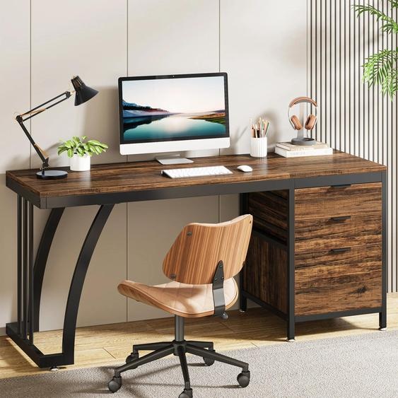 Bureau dordinateur - 150 cm, rectangulaire - 3 tiroirs et armoire - Tiroirs réversibles - Design industriel - Rustic Brown