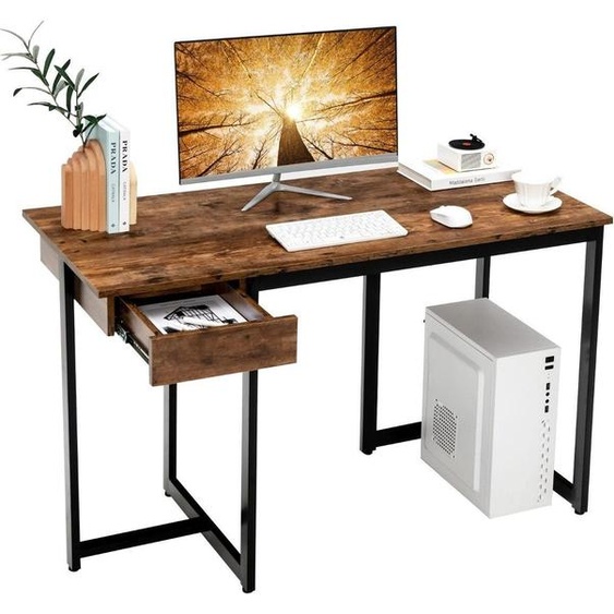 Bureau dordinateur de 120 cm de long avec tiroir et coussinets réglables, bureau dordinateur marron rustique