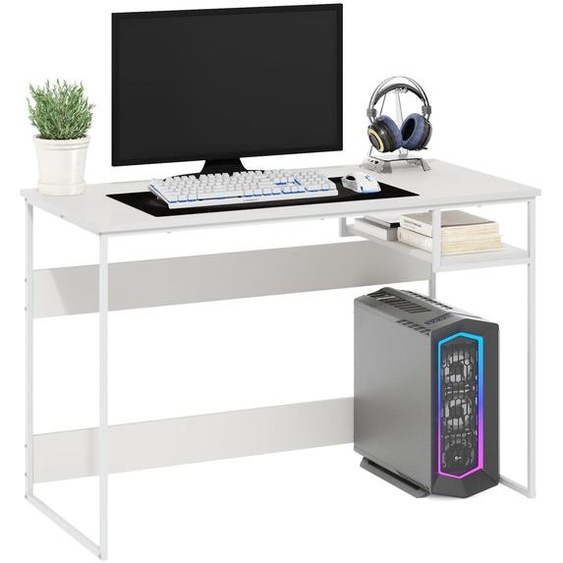 Bureau dordinateur, largeur 114 cm, blanc, en panneaux de particules et métal