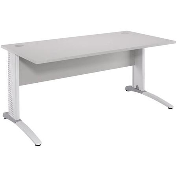 Bureau droit Biospace avec voile de fond - L.140 x P.80 cm - Plateau Gris - Pieds Blanc - Embases Aluminium