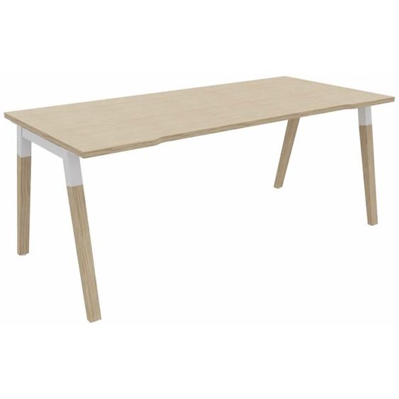 Bureau droit échancré Burocolor A - L.180 x P.80 cm - Plateau Chêne - Pieds Bois/Blanc