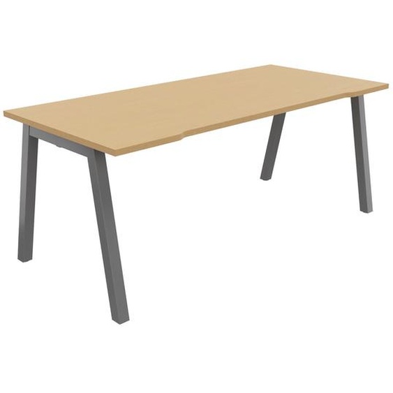 Bureau droit échancré Burocolor A - L.180 x P.80 cm - Plateau Hêtre - Pieds Aluminium