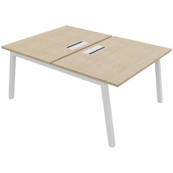Bureau droit partagé 2 postes Burocolor A avec trappe daccès - Départ - L.120 x P.163 cm - Plateau Chêne - Pieds Blanc
