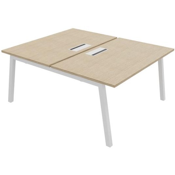 Bureau droit partagé 2 postes Burocolor A avec trappe daccès - Départ - L.140 x P.163 cm - Plateau Chêne - Pieds Blanc