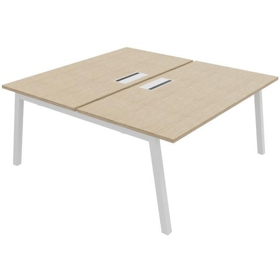 Bureau droit partagé 2 postes Burocolor A avec trappe daccès - Départ - L.160 x P.163 cm - Plateau Chêne - Pieds Blanc