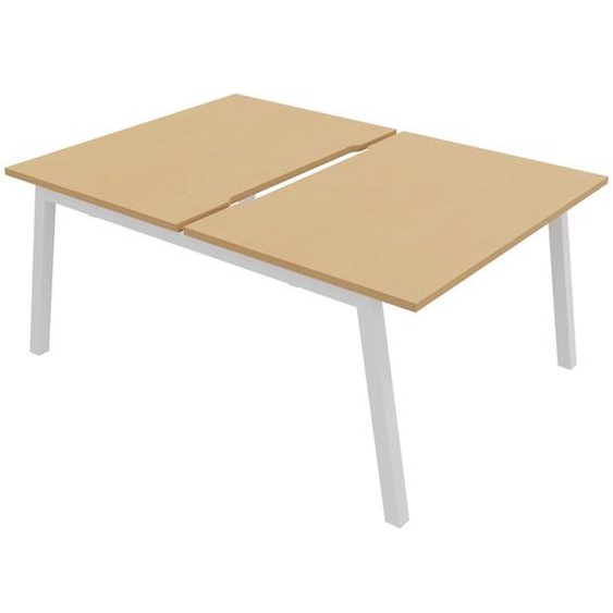 Bureau droit partagé 2 postes Burocolor A échancré - Départ - L.120 x P.163 cm - Plateau Hêtre - Pieds Blanc