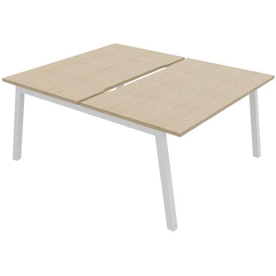Bureau droit partagé 2 postes Burocolor A échancré - Départ - L.140 x P.163 cm - Plateau Chêne - Pieds Blanc