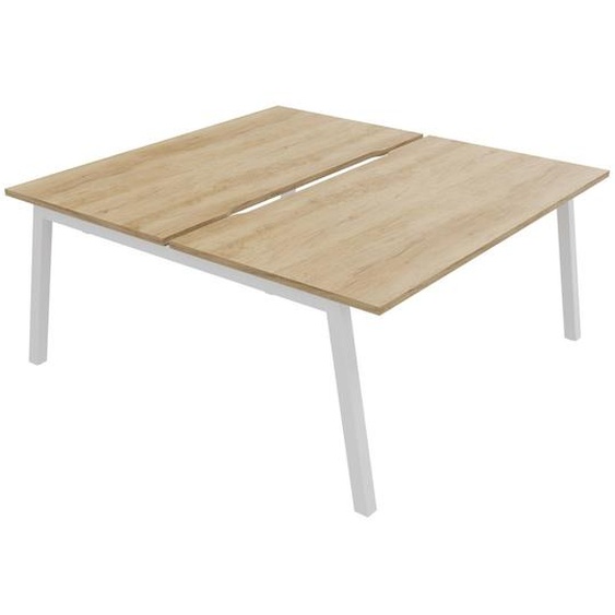 Bureau droit partagé 2 postes Burocolor A échancré - Départ - L.160 x P.163 cm - Plateau Chêne Nebraska - Pieds Blanc