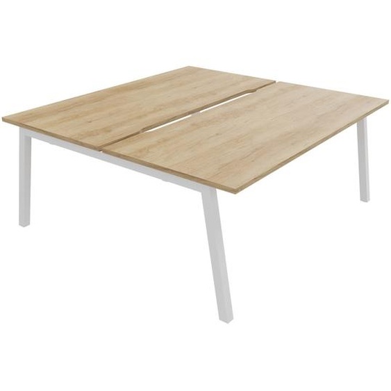 Bureau droit partagé 2 postes Burocolor A échancré - Départ - L.180 x P.163 cm - Plateau Chêne Nebraska - Pieds Blanc