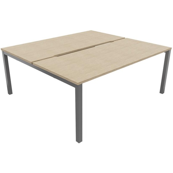 Bureau droit partagé 2 postes Burocolor échancré - Départ - L.180 x P.163 cm - Plateau Chêne - Pieds Aluminium