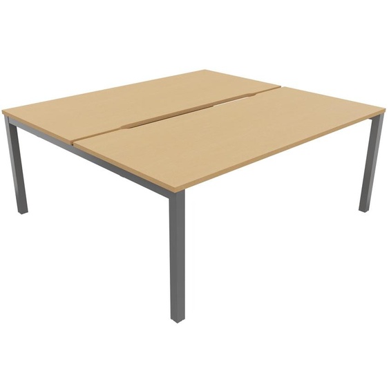 Bureau droit partagé 2 postes Burocolor échancré - Départ - L.180 x P.163 cm - Plateau Hêtre - Pieds Aluminium