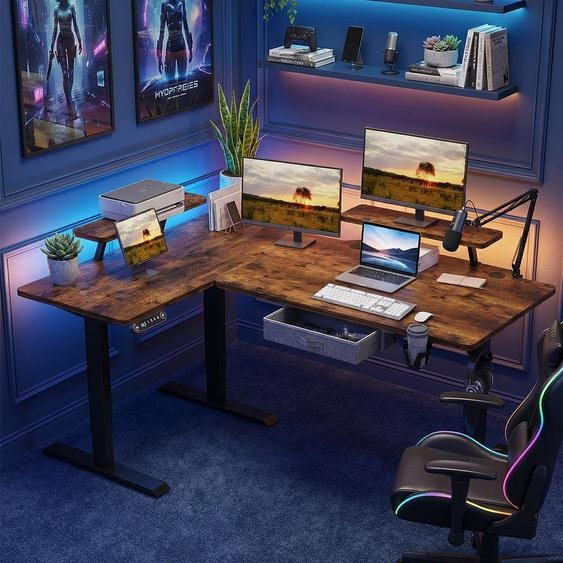 Bureau électrique Hilodesk en L – Bureau dangle / bureau debout à hauteur réglable électriquement, marron/160 cm