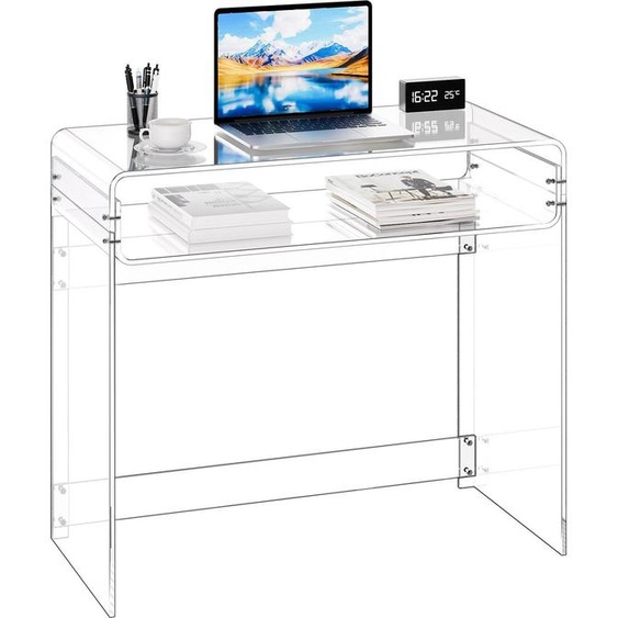 Bureau en acrylique - Bureau dordinateur/console à 2 niveaux - Avec tablette - Rectangulaire - Plateau épais et stable - 40 x 85 x 75 cm - Transparent