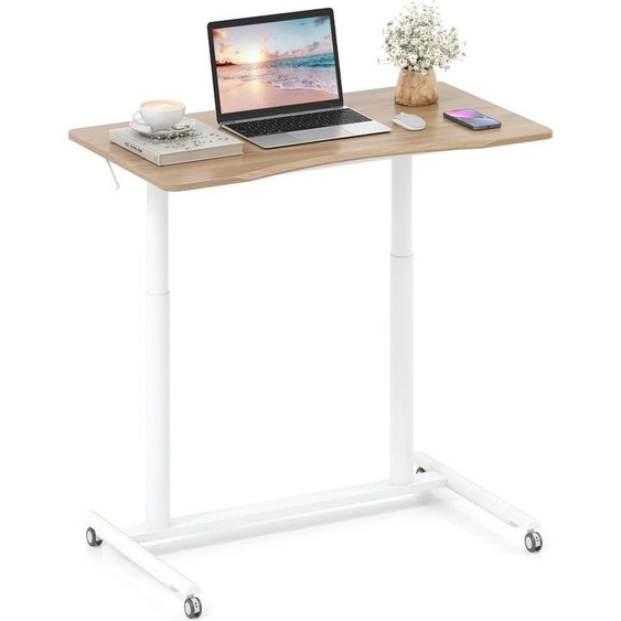 Bureau en forme de C - Table mobile pour ordinateur portable - Réglable en hauteur de 70 à 106 cm - Avec roulettes - Rectangulaire - Structure en bois - Kaki