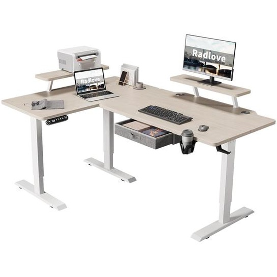 Bureau en L Radlove 160cm réglable en hauteur électriquement Tables de bureau, bureau debout en forme de L avec support décran et tiroir,couleur poirier