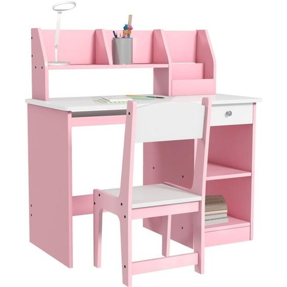 Bureau enfant avec chaise - ZONEKIZ - clavier coulissant, tiroir, niches et étagères ouvertes - 90 x 45 x 90 cm - rose