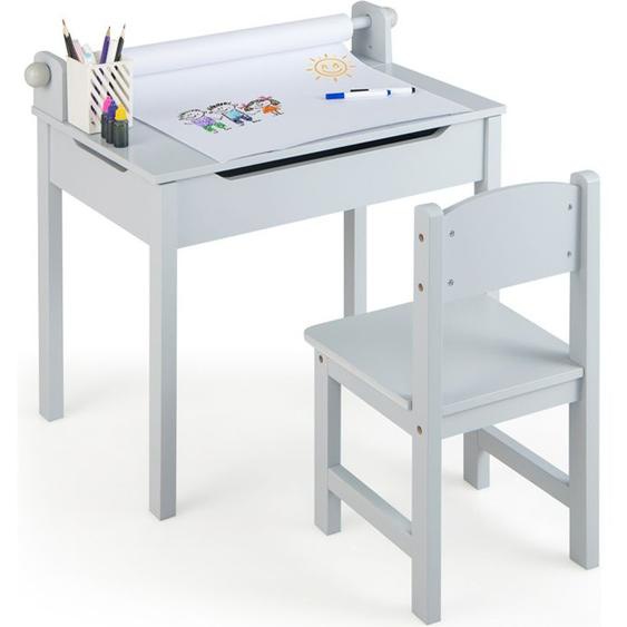 Bureau Enfant - DREAMADE - Plateau à Couvercle Rabattable - Pieds en Bois Massif - Rouleau de Papier - Charge 30KG- 3+ Ans Gris