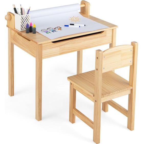 Bureau Enfant - DREAMADE - Plateau à Couvercle Rabattable - Pieds en Bois Massif - Rouleau de Papier - Charge 30KG- 3+ Ans Naturel