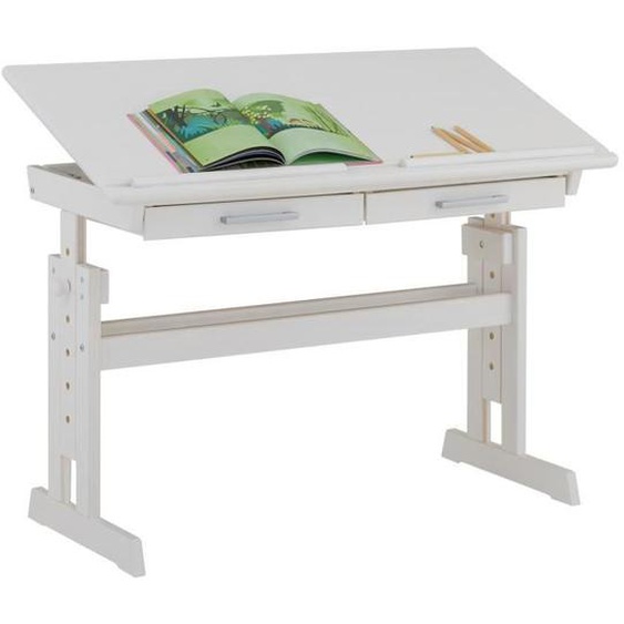 Bureau enfant écolier junior OLIVIA table à dessin réglable en hauteur et pupitre inclinable avec 2 tiroirs en pin massif blanc