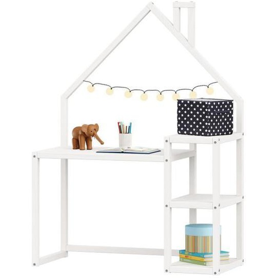 Bureau enfant NIVIA en forme de maison en pin massif, bureau chambre enfant bois, en pin massif blanc