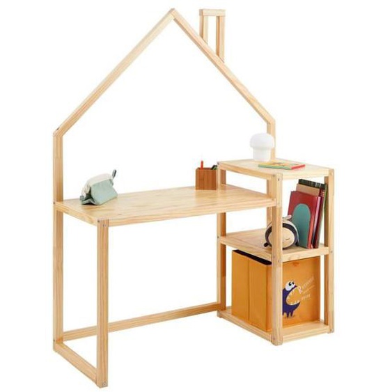 Bureau enfant NIVIA en forme de maison en pin massif, bureau chambre enfant bois, en pin massif coloris naturel