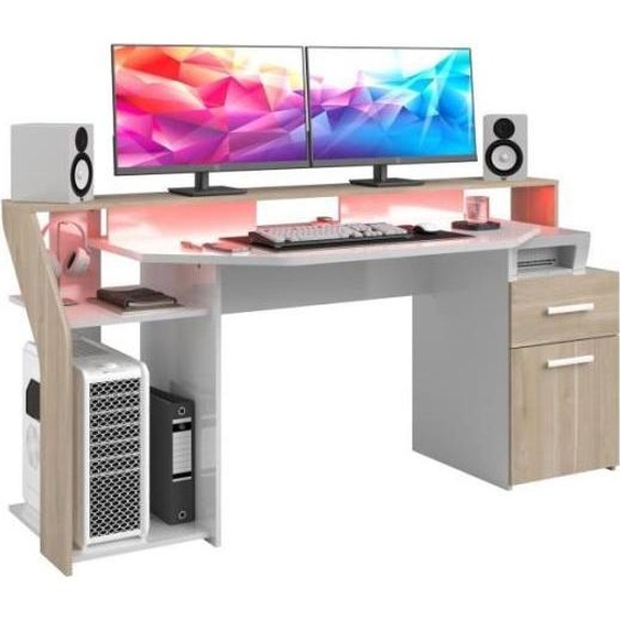 Bureau gaming avec LED Silver -Reproduction chene et mélamine blanc brillant - L 178 x P 88 x H 68 cm - PARISOT