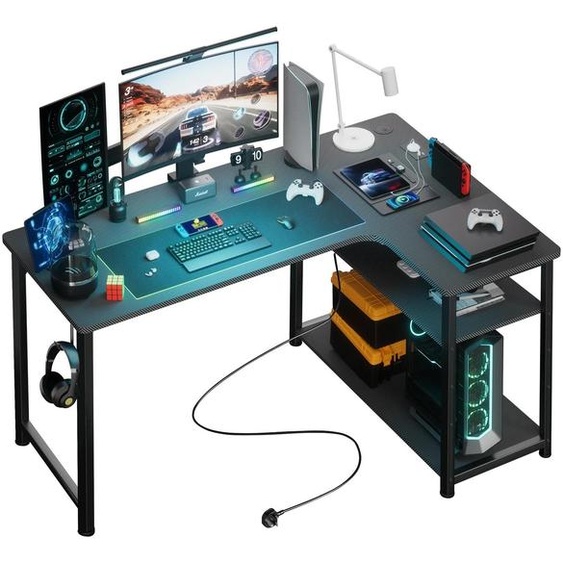 Bureau gaming - Bureau dangle en L - 120 cm - Avec tablette - Port de recharge USB et prise électrique - Surface résistante aux rayures - Noir