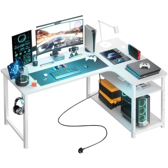 Bureau gaming - Bureau dangle en L de 120 cm - Avec étagère - Port USB et prise électrique intégrés - Surface résistante aux rayures - Blanc