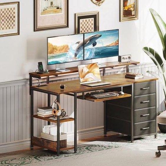 Bureau Ibenzoa® avec 2 ports USB et 2 prises électriques – spacieux, idéal pour le télétravail et les jeux, tiroir à clavier escamotable, 4 tiroirs en tissu, étagères réglables, structure métallique, plateau de table résistant à leau