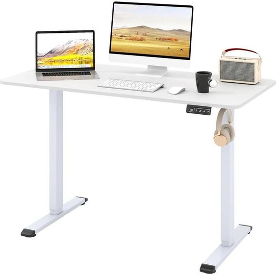 Bureau informatique - Bureau 120 x 60 cm - Crochets pour casque - Gestion des câbles - Rectangulaire - Structure en bois - Ergonomique - Blanc