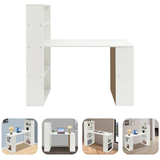 Bureau informatique - Bureau de bureau de 120 cm - Étagère à livres à 4 niveaux - 2 compartiments latéraux - Panneau de particules rectangulaire - Autoportant, couleur blanche