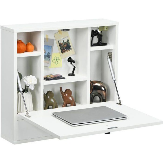 Bureau Mural Rabattable, Table Murale pour Ordinateur Portable, avec Étagères Intégrée, Tiroir, Table avec Plateau Pliable