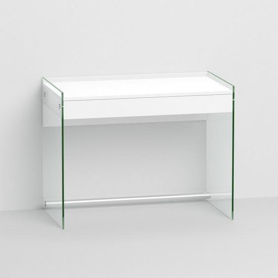 Bureau MYDESK piétement verre clair étagères et tiroir stratifié blanc mat