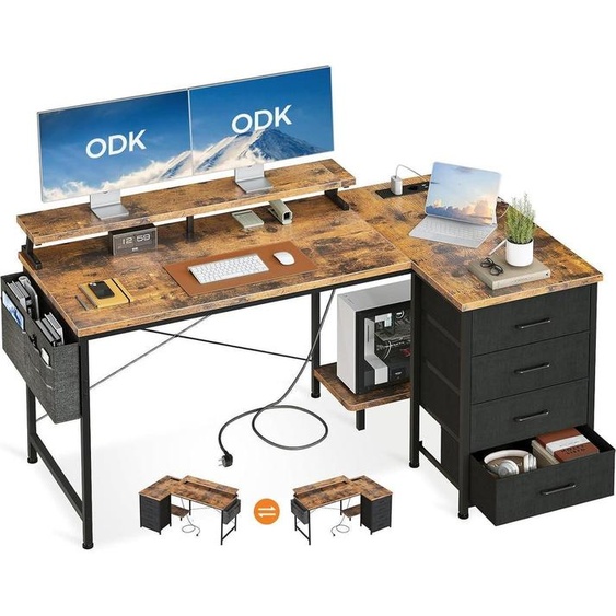 Bureau ODK en L 140x80x84.7cm avec 4 tiroirs et support pour écran - Marron