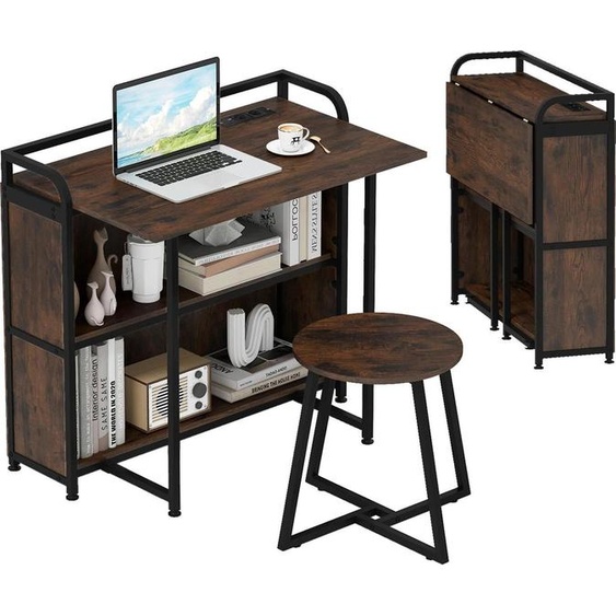 Bureau pliable - Bureau dordinateur - Avec rangements - Rectangulaire - Structure en bois - Peu encombrant - Montage requis - Marron