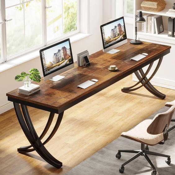 Bureau pour 2 personnes - Bureau double pour ordinateurs - 200 cm (très long) - Plateau rectangulaire en bois avec structure métallique - Pour le télétravail et le bureau - Marron 02
