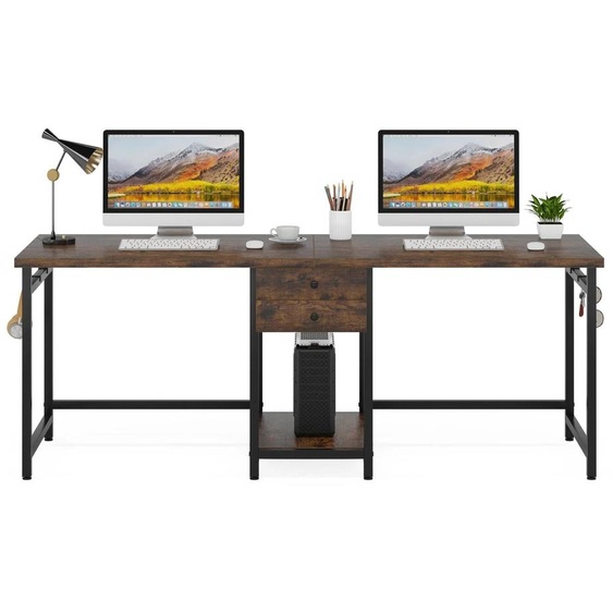 Bureau pour 2 personnes - Bureau double pour ordinateur / Bureau gaming - 200 x 60 cm - 2 tiroirs et étagères - Bureau pour ordinateur de bureau - Marron