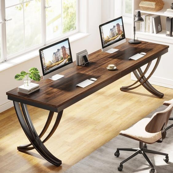 Bureau pour deux personnes pour le télétravail - bureau double pour ordinateur - 200 cm de longueur - plateau rectangulaire en bois avec structure métallique - Marron 01
