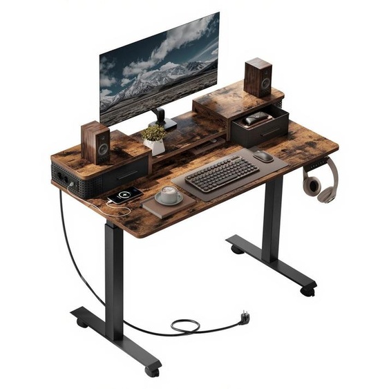 Bureau réglable en hauteur avec support pour écran et station de charge | Marron | 120x60x72-120 cm