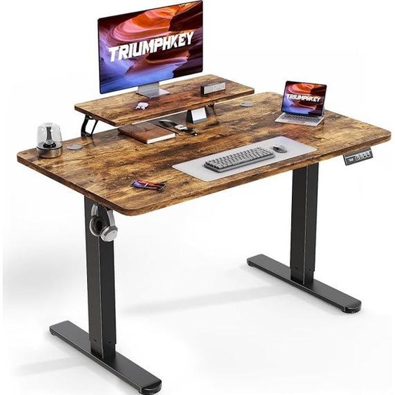 Bureau réglable en hauteur de 120 x 60 cm, avec support pour écran, bureau électrique réglable en hauteur, bureau ergonomique pour travailler debout ou assis, bureau réglable en hauteur, couleur marron vintage