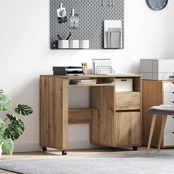 Bureau sur roulettes avec tiroir, en chêne massif, fabriqué à la main, dimensions : 91 x 50 x 77 cm. Bureau informatique idéal pour une chambre, un salon, un bureau à domicile ou tout autre espace de travail. Bureau informatique