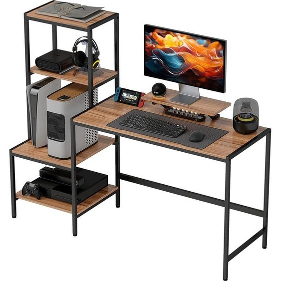 Bureau Table dordinateur avec support pour écran, support pour unité centrale, table de bureau avec support pour imprimante, table pour PC avec 4 étagères, design moderne pour bureau à domicile, 150 x 48 x 125 cm, brun