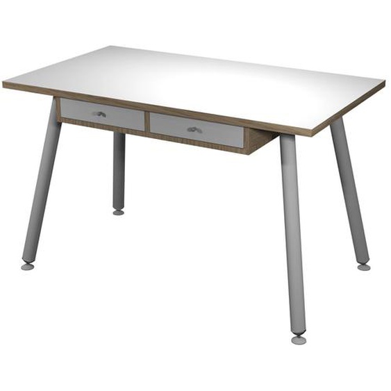 Bureau télétravail Marquize pieds métal 120 x 60 cm 2 tiroirs suspendus - Chêne naturel / Blanc