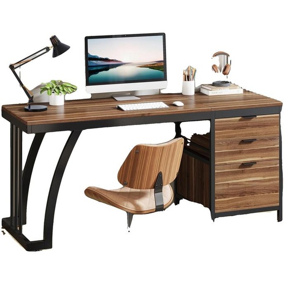 Bureau, tiroirs réversibles, grand plan de travail, marron 02