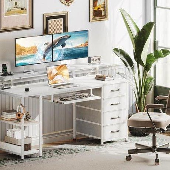 Bureau Unyqoos® avec 4 tiroirs en tissu, plateau coulissant pour clavier, prises électriques et ports USB intégrés, support pour écran, structure métallique et plateau de table résistant à leau – Idéal pour le bureau et les jeux, disponible en 2 couleurs